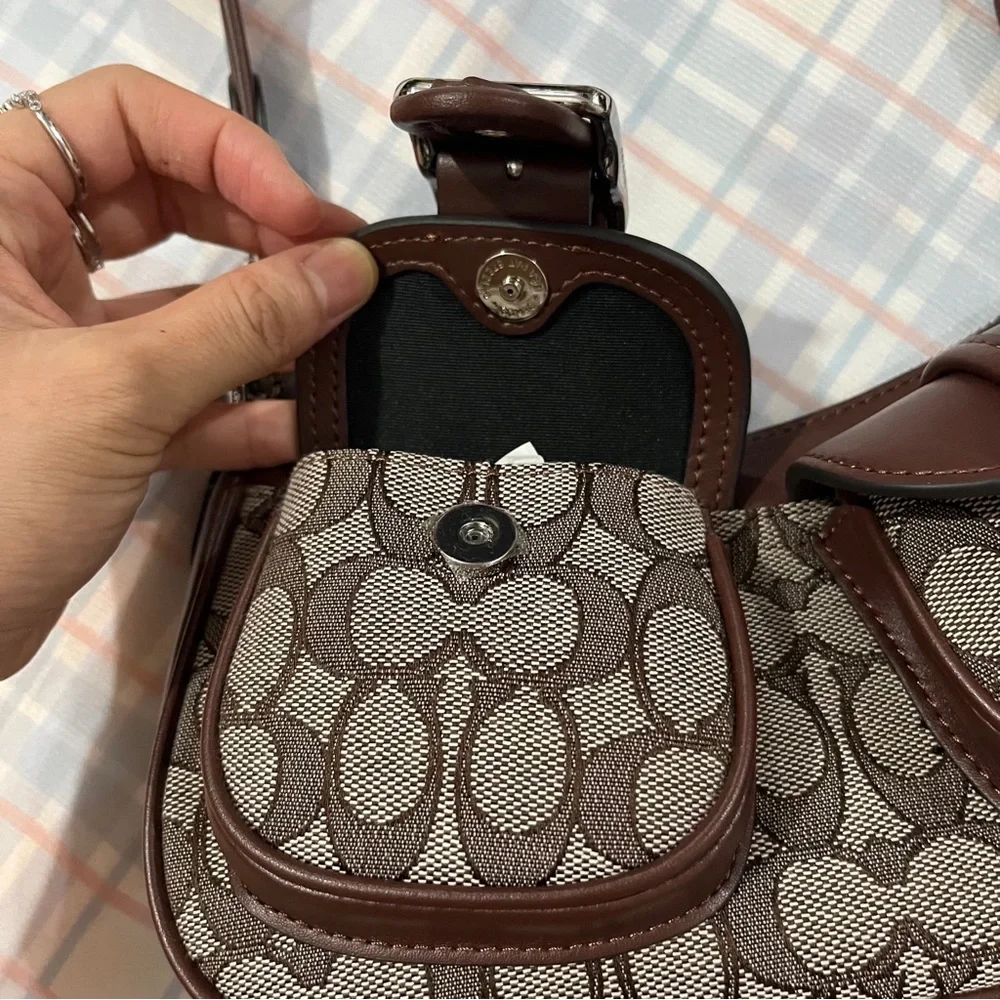 Coach Brown Signature Jacquard Crossbody Bag with Buckle Pockets